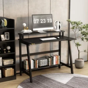 31.5" Computer Desk for Small Spaces, Modern Home Office Desk with Storage Shelf and Monitor Stand