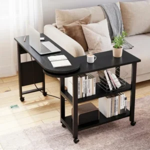 360° Sofa Side Table with Charging Station, 2-Tier End Table with Wheels, Hidden Storage Pocket, and Movable Laptop Desk