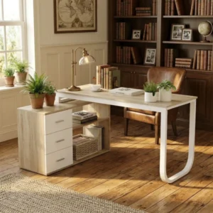 Fort Myers Reversible Multi-Functional Desk with Storage Drawers and Open Shelving